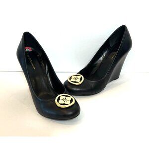 Bcbgeneration Black Wedge Heels Gold Emblem Size 10B Stylish Comfortable Design